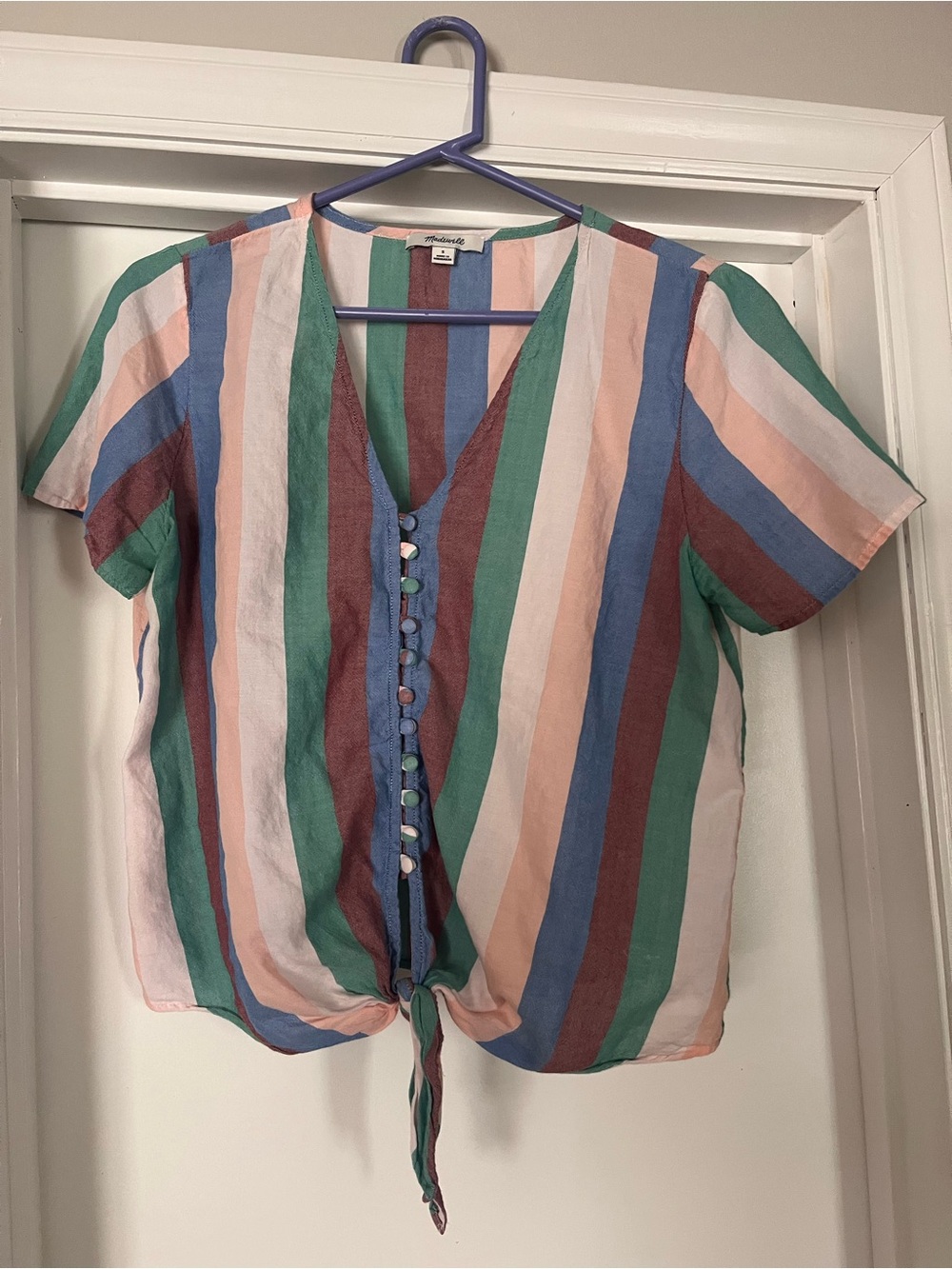Madewell Striped Tie-Front Button Blouse in Pink, Green & Blue
